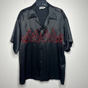 Vintage 90s DeVille Flame Pattern Black Silky Polyester Shirt USA Devil XL Retro